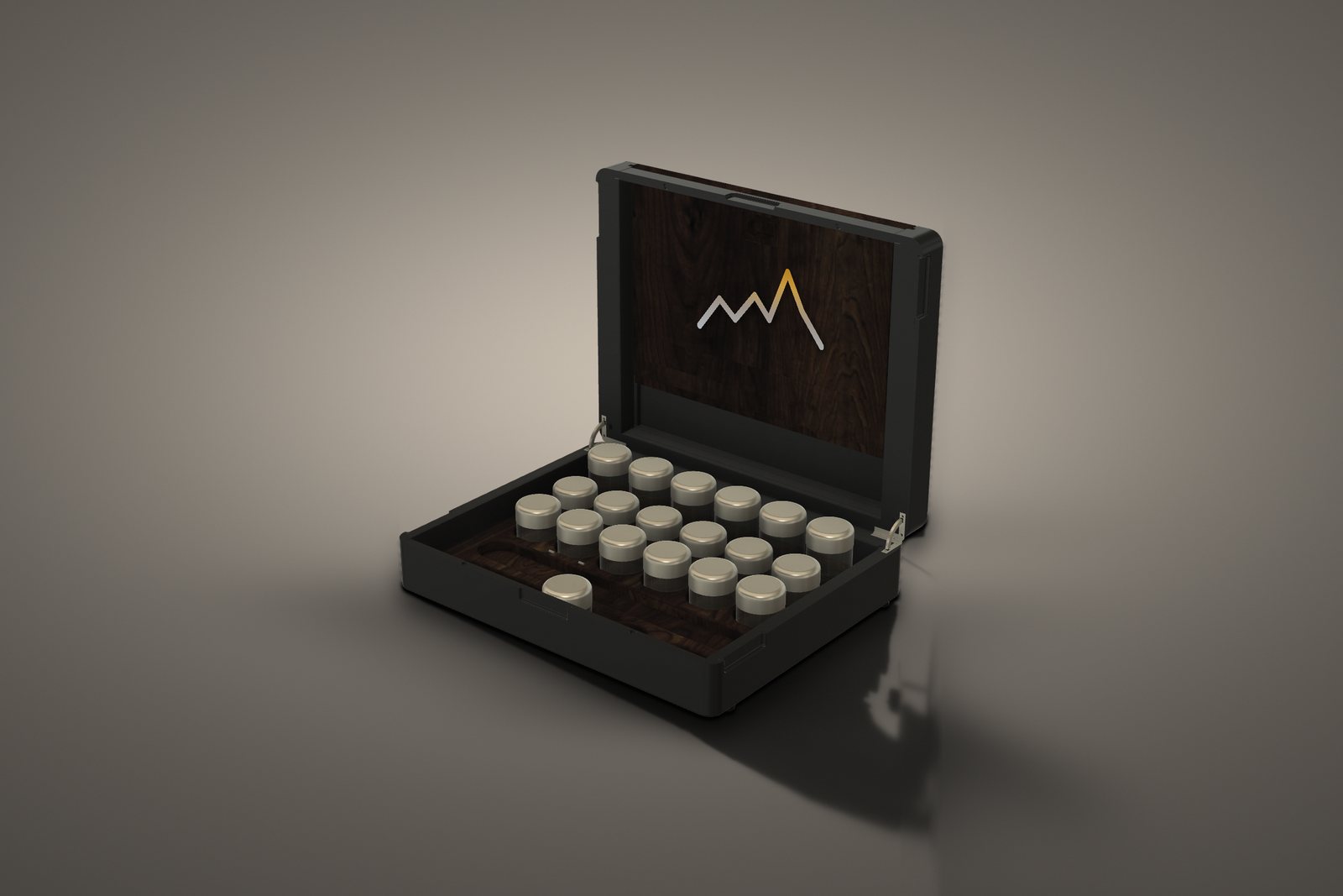 The Flight Case No. 01 open at ninety degrees: twenty child-resistant jars seated in the walnut floor, the ridge mark inlaid on the walnut lid panel.