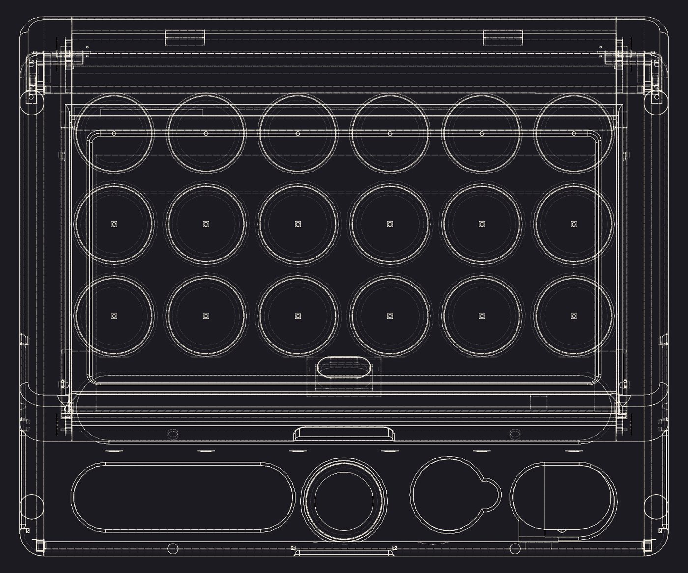 Hidden-line plan view of the Flight Case No. 01 taken from the CAD model: twenty jar wells in a six-by-three grid plus a back pair, the kief bore, and the grinder, lighter and roller pockets along the front.